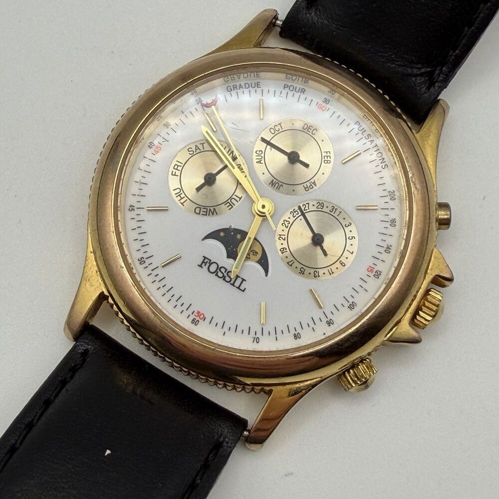 Vintage Fossil BQ-8405 Moonphase Triple Calendar Gold Tone Black Leather Watch